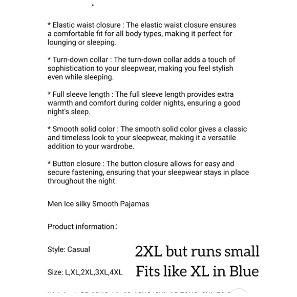 Men's silky pajamas 2 piece set, blue size 2XL but runs small so fits like XL - Picture 5 of 6